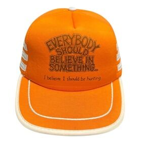Vtg Everybody Should Believe in Hunting 3 Stripe Trucker Hat Cap Snapback Orange